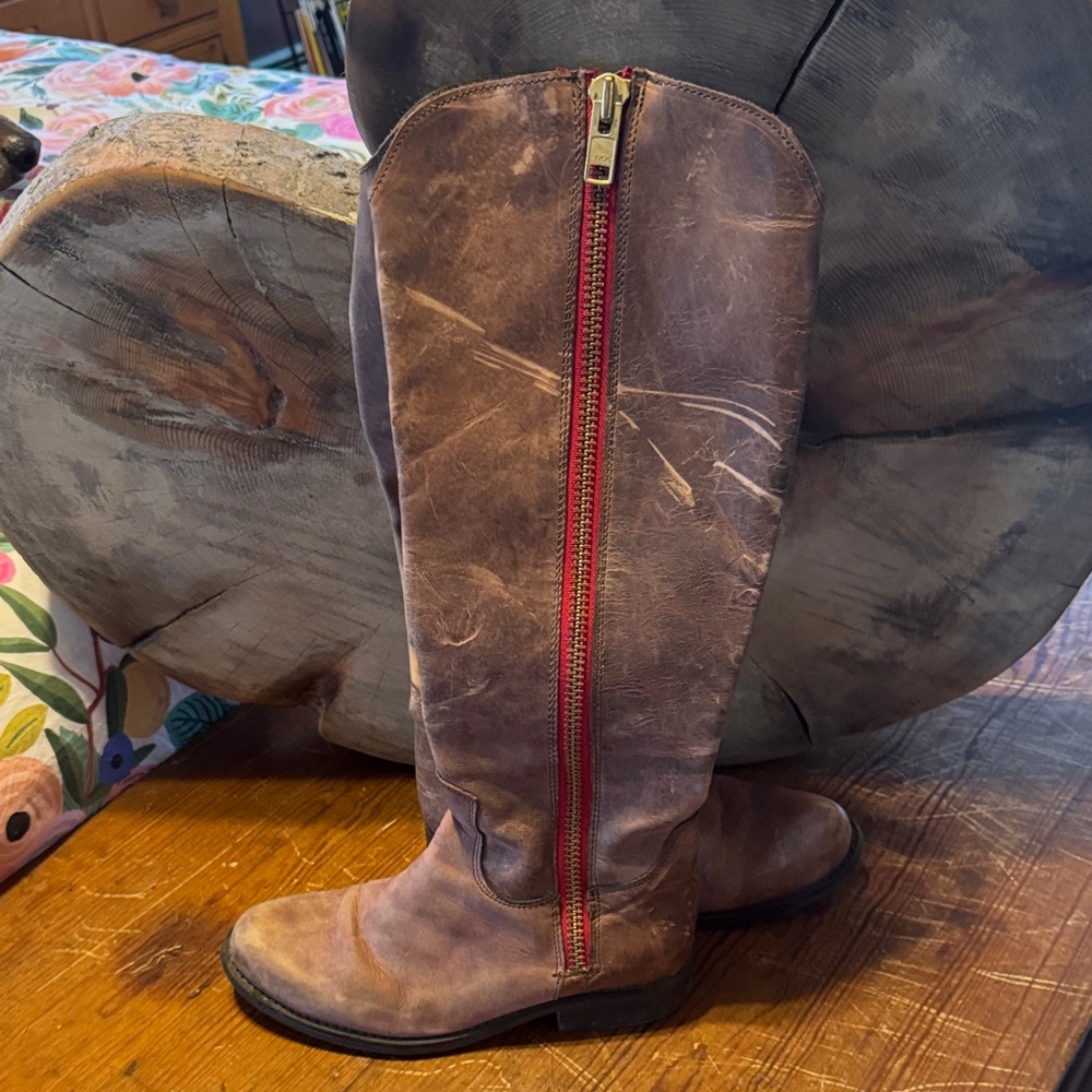 Steve Madden Brown Leather Boots with Red Zipper